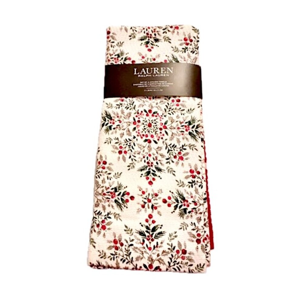 Set of 3 Ralph Lauren Kitchen Towels Christmas Florals Holiday Greens NEW